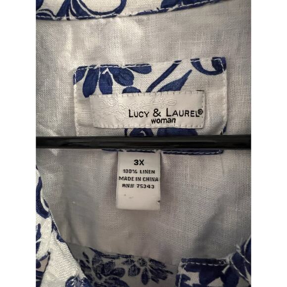Lucy And Laurel Blue White Floral Linen Button Up Jacket Sz 3x - Picture 2 of 5